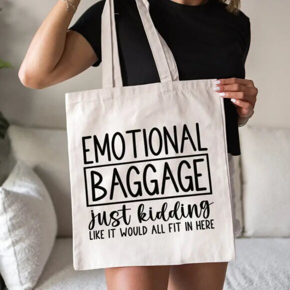 {NEW} Canvas Tote Bag with Fun "Emotional Baggage" Print  Beige - Picture 2 of 4